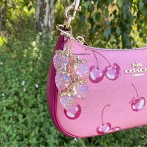 Iridescent Heart Strawberry Baby Pink Jelly Cluster Purse Bag Charm Kawaii Y2K